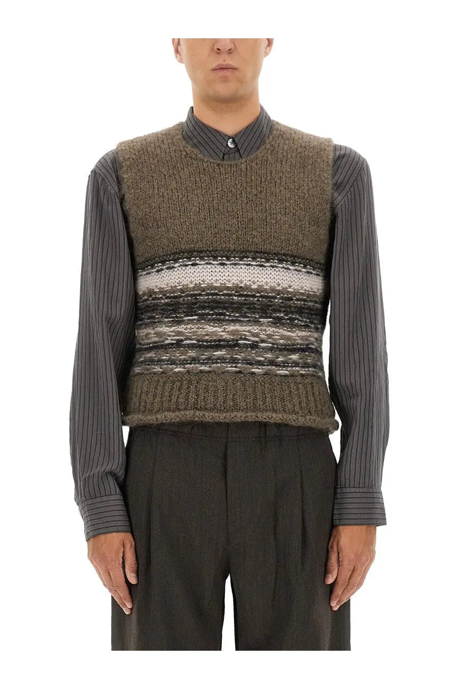 Our Legacy men’s pleaser tank vest textured earth-toned knit with horizontal brown and gray stripes