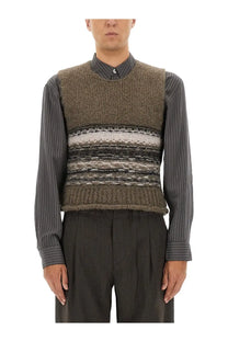 Our Legacy men’s pleaser tank vest textured earth-toned knit with horizontal brown and gray stripes