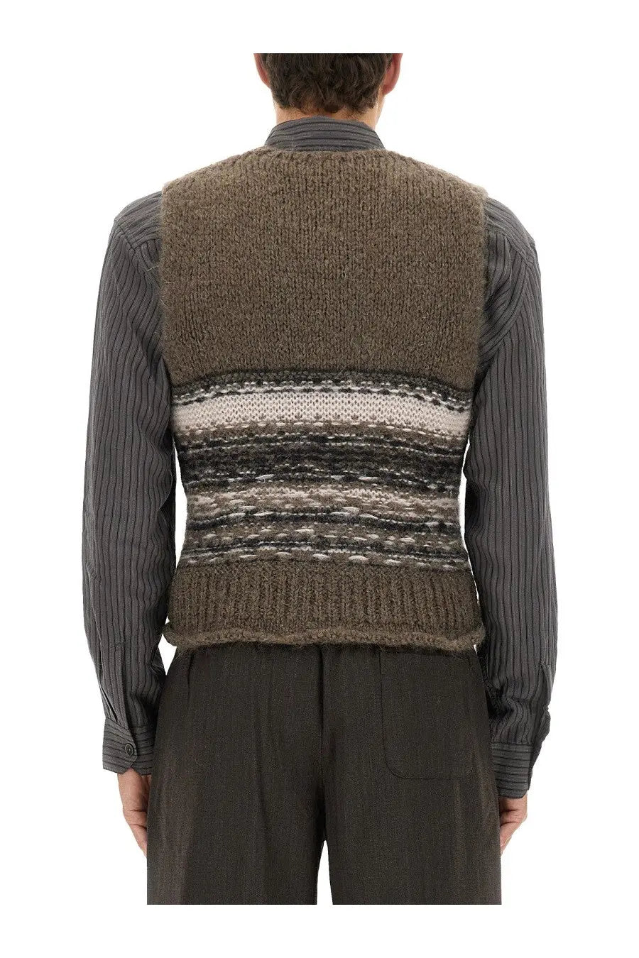 Our Legacy men’s pleaser tank vest multicolor with textured earth-toned knit and horizontal brown beige black stripes
