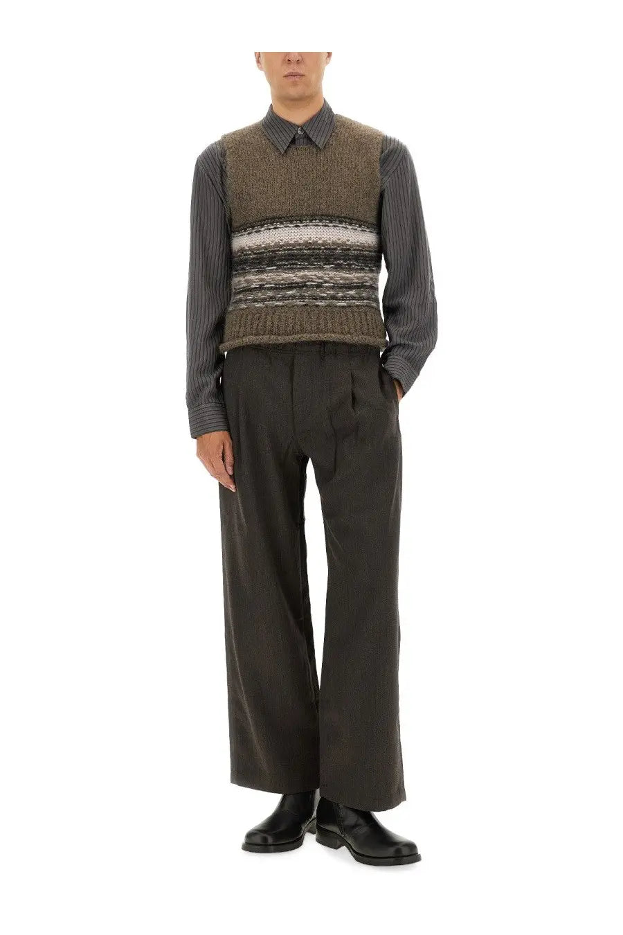Our Legacy men’s pleaser tank vest multicolor earth-toned textured knit with horizontal stripes worn over a collared shirt