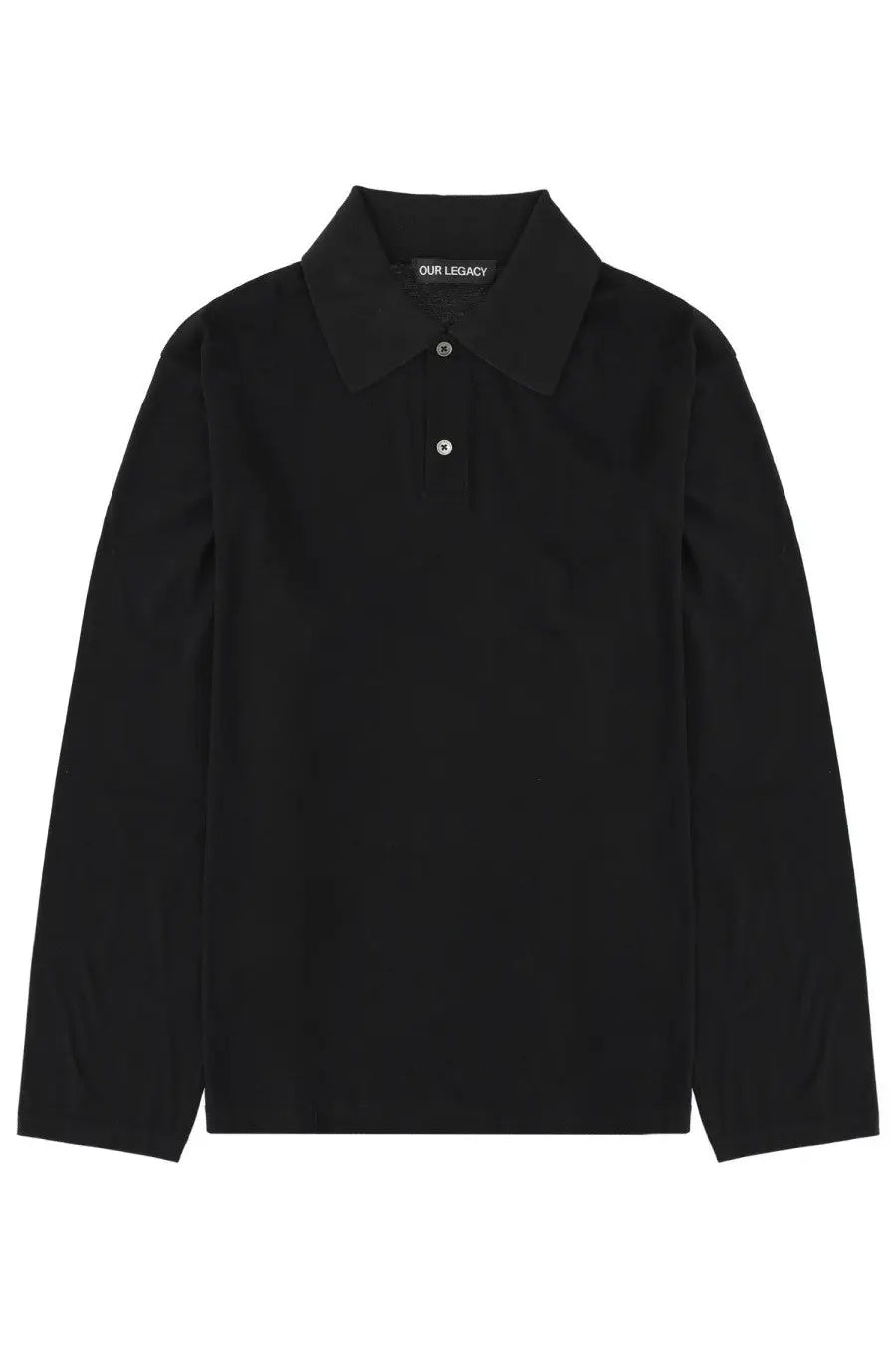 Our Legacy men’s polo rugby black long-sleeved shirt with classic collar and silver buttons featuring brand label