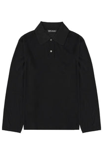 Our Legacy men’s polo rugby black long-sleeved shirt with classic collar and silver buttons featuring brand label
