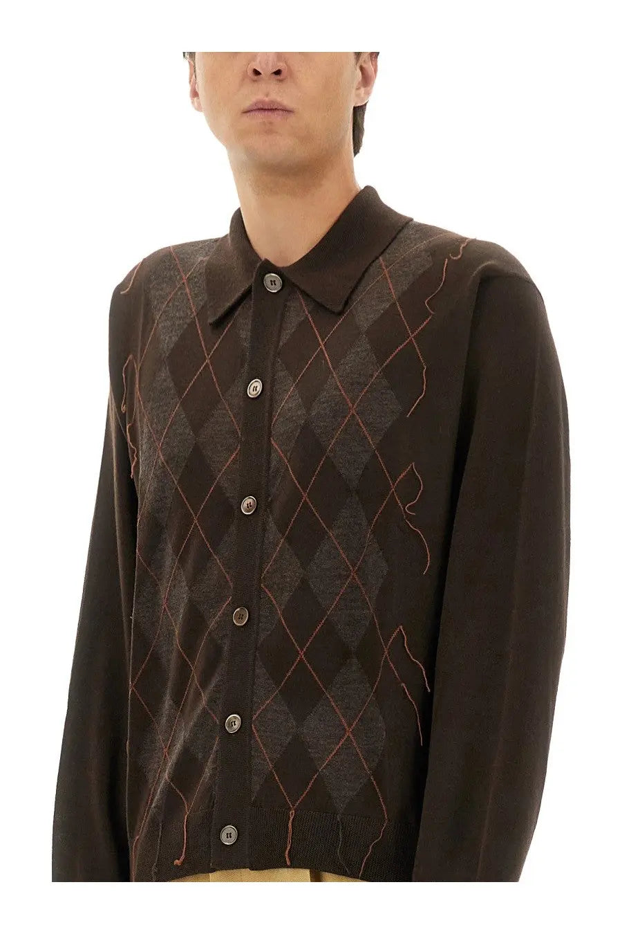Dark brown argyle knit cardigan with reddish brown stitching and silver toned buttons from our legacy mens polo shirt pub collection
