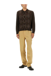 Dark brown argyle-patterned knit cardigan with button closure featured in our legacy mens polo shirt pub argyle brown collection