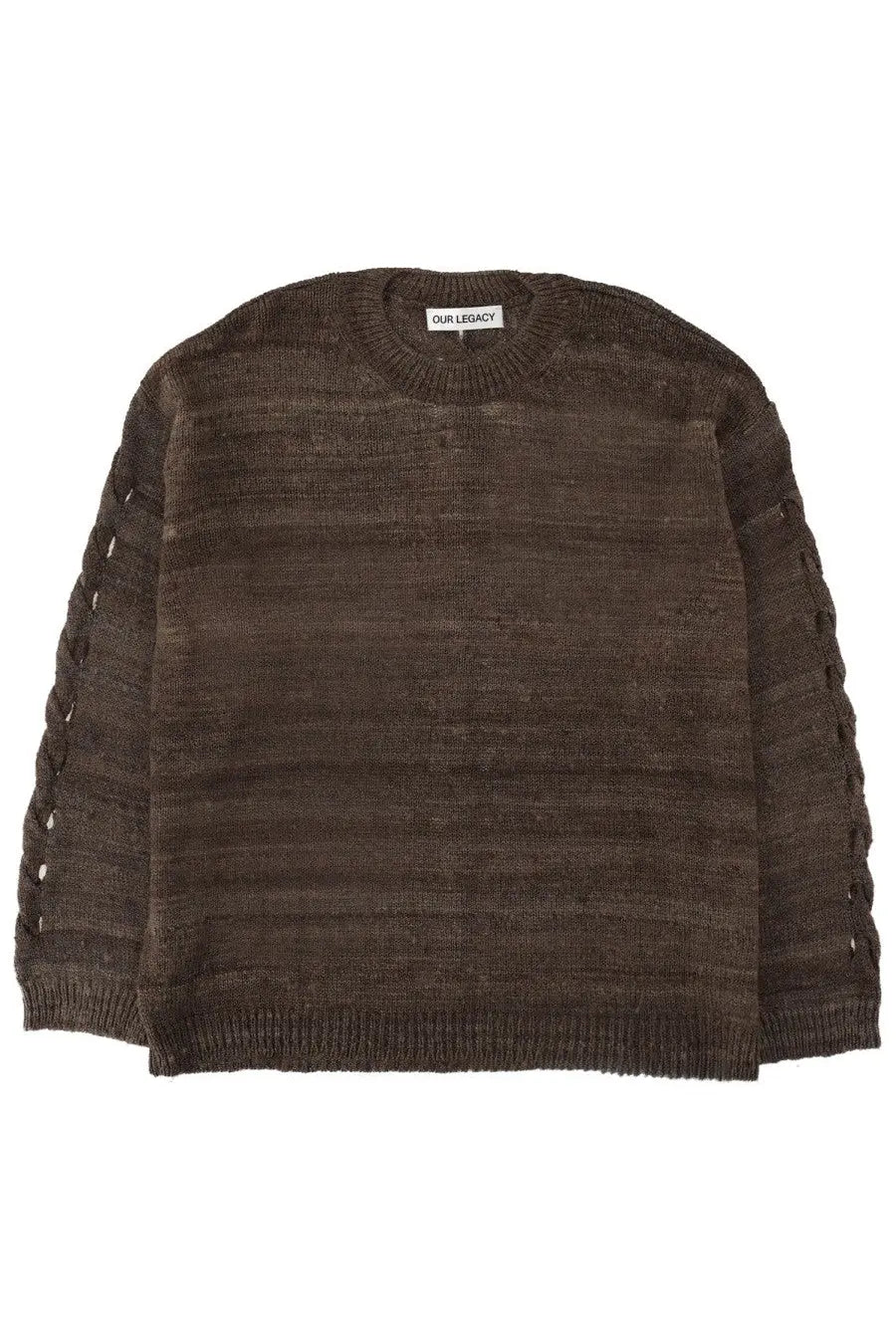 Our Legacy men’s popover jersey brown textured dark brown knit sweater with ribbed crew neck and braided side slits