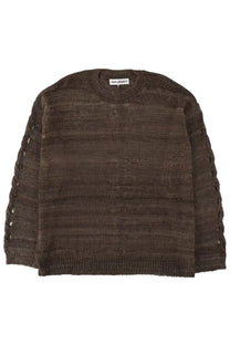 Our Legacy men’s popover jersey brown textured knit sweater with ribbed crew neck and braided side slits