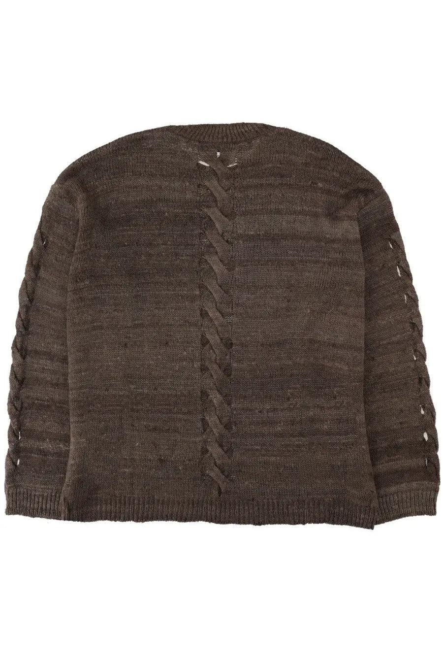 Back view of our legacy men’s brown textured knit popover jersey with braided lace-up detail on back and sleeves