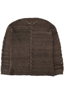 Back view of our legacy men’s brown textured knit popover jersey with braided lace-up detail on back and sleeves