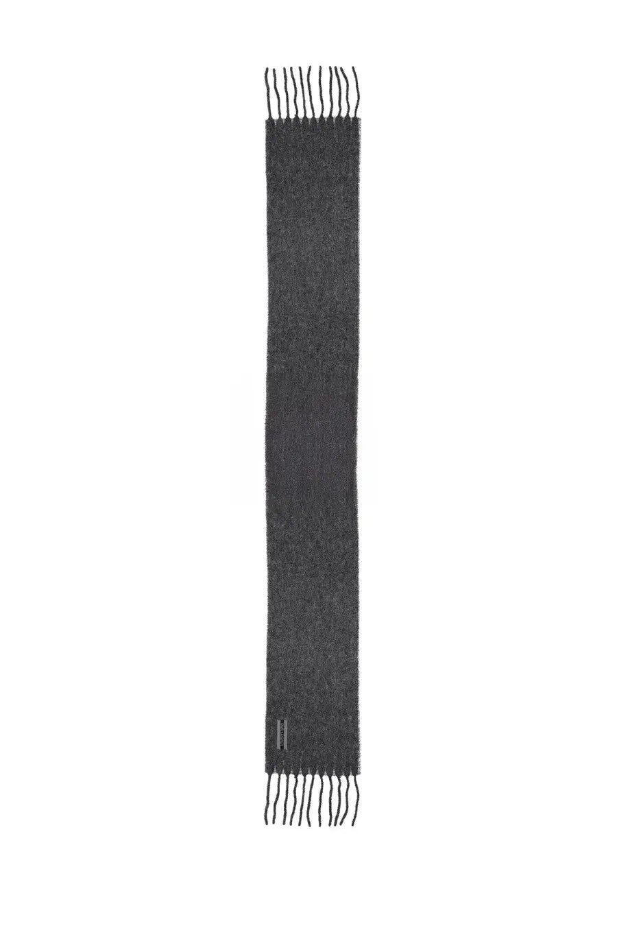 Our Legacy men’s scarf summer grey dark gray textured knit with fringed ends and subtle logo tag at the bottom