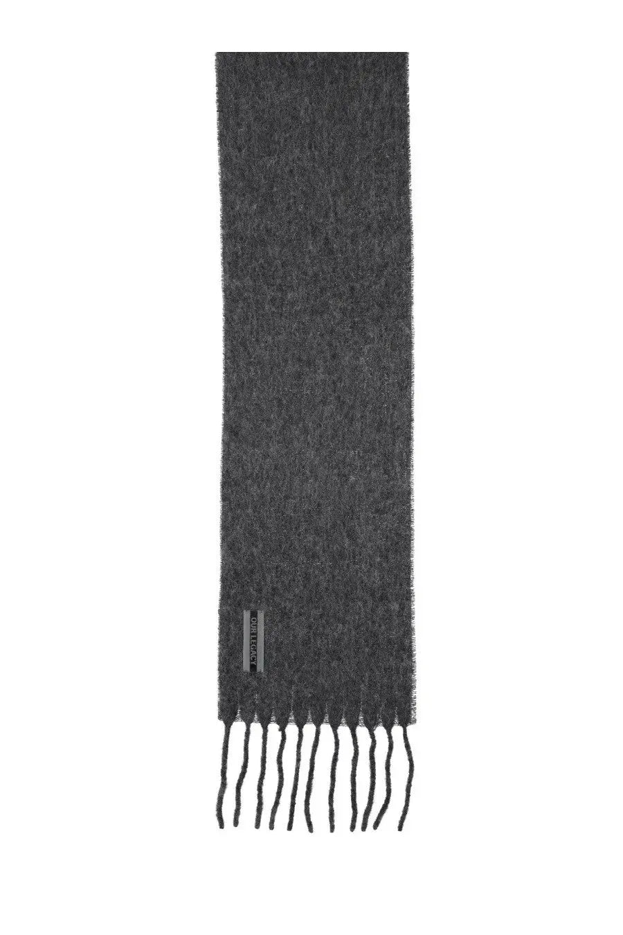Our legacy men’s scarf summer grey is a dark gray woolen scarf with fringed ends and a subtle textured weave