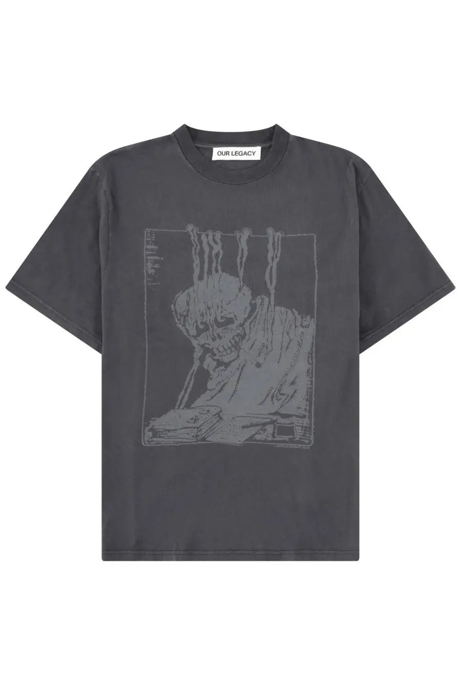 Dark gray crewneck t-shirt with a faded skull illustration seated at a desk and books from our legacy men’s shirt box black