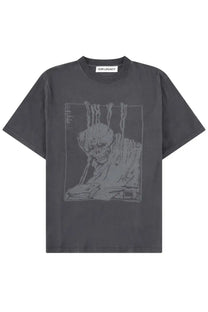 Dark gray crewneck t-shirt with a faded skull illustration seated at a desk and books from our legacy men’s shirt box black