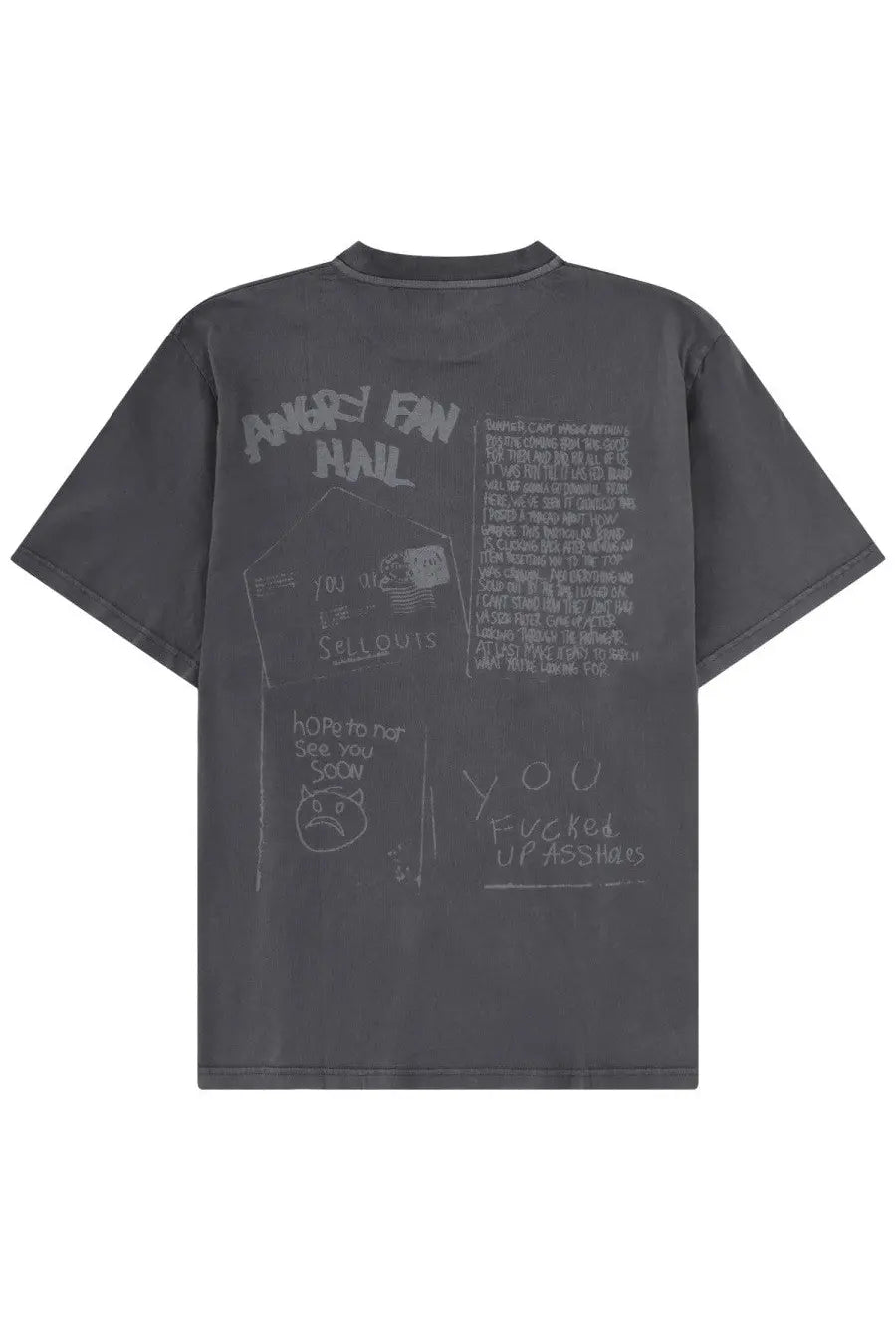 Our Legacy men’s dark gray oversized t-shirt with distressed chalk-like graphic print and doodles