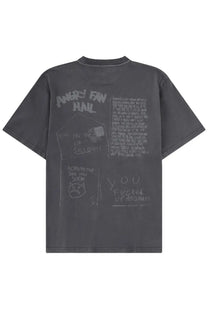Our Legacy men’s dark gray oversized t-shirt with distressed chalk-like graphic print and doodles