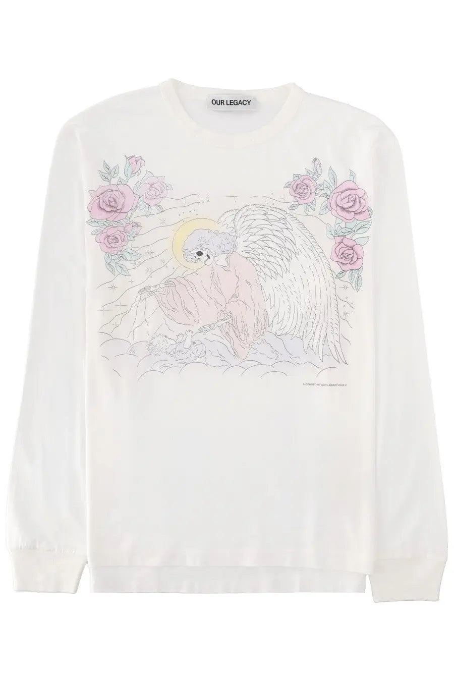 Our Legacy men’s white long-sleeved sweatshirt with angel illustration and pink roses on soft pastel background