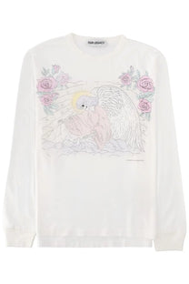 Our Legacy men’s white long-sleeved sweatshirt with angel illustration and pink roses on soft pastel background