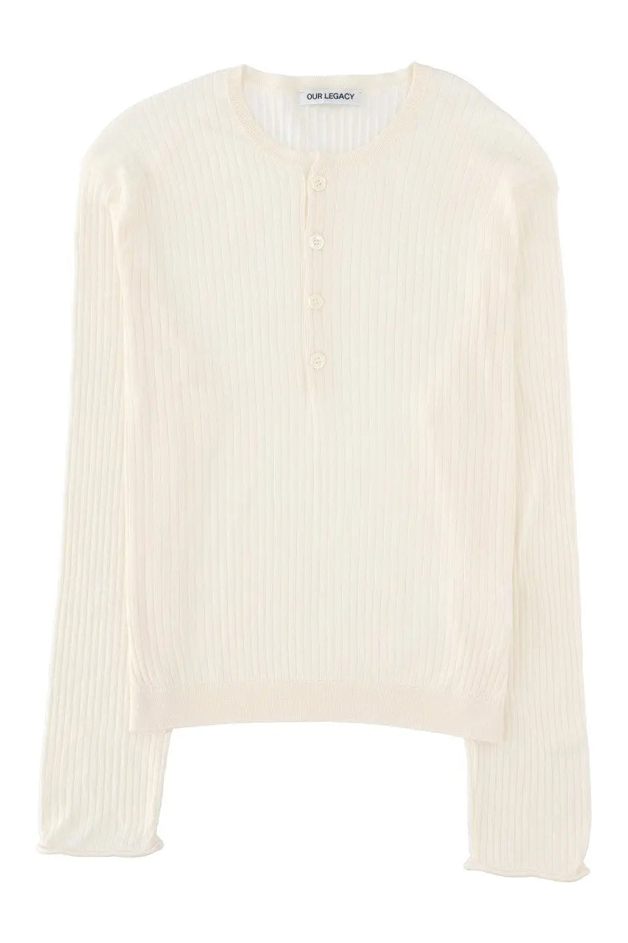 Cream-colored ribbed knit long-sleeved button-down top with subtle vertical pleats from Our Legacy men’s fine Henley shirt white collection
