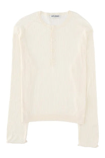 Our Legacy men’s cream-colored ribbed knit long-sleeved henley shirt with button-down front and vertical pleats