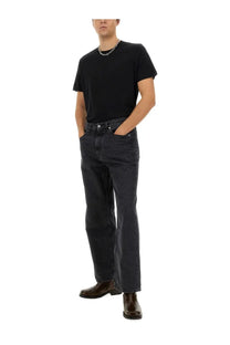 Dark-wash denim jeans with straight-leg cut and classic five-pocket design paired with our legacy mens shirt new box black