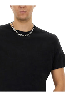 Silver-toned chunky link chain necklace worn around the neck paired with our legacy mens shirt new box black