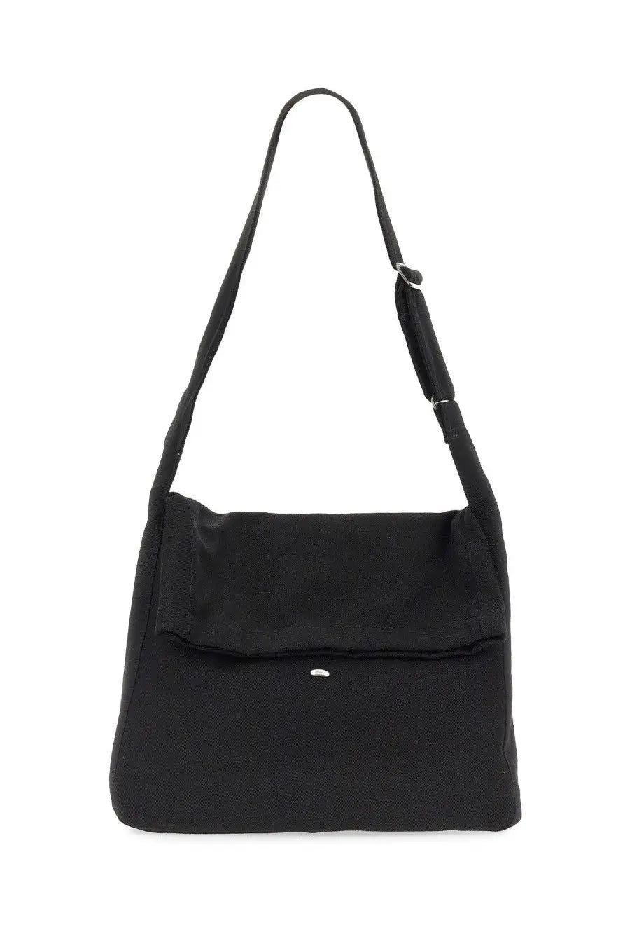 Our Legacy men’s sling bag black nylon with a sleek minimalist design and adjustable shoulder strap