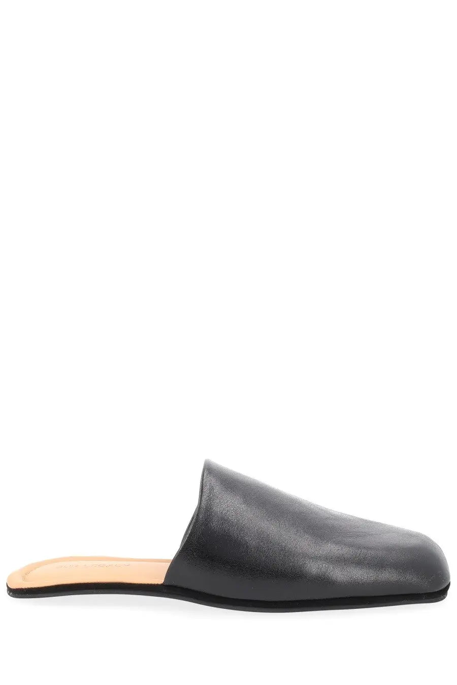 Our Legacy men’s black leather mule slip-on shoe with square toe and light tan insole for casual wear