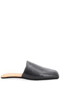 Our Legacy men’s black leather mule slip-on shoe with square toe and light tan insole for casual wear