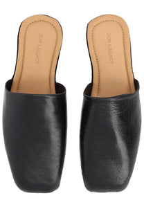 Our Legacy men’s slipper cigar black black leather mules with square toe and tan branded insole