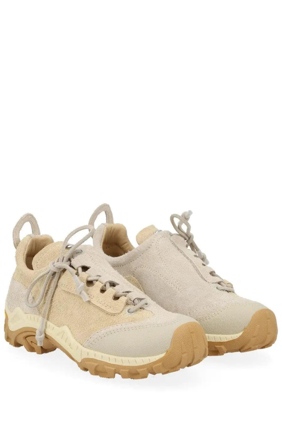 Our Legacy men’s sneaker Gabe beige beige suede and canvas sneakers with tan rubber soles and laces