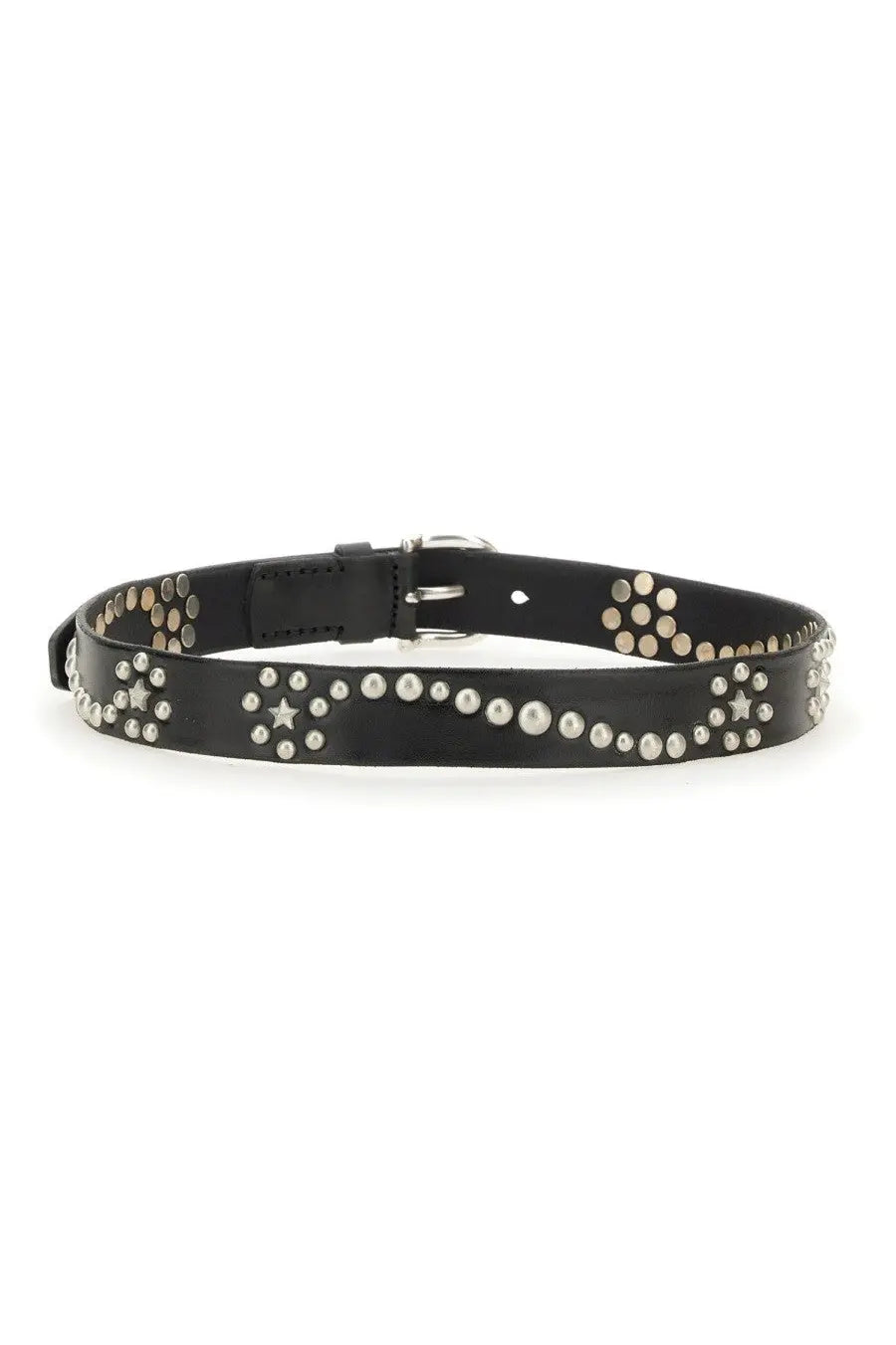 Our Legacy men’s star fall belt black is a black leather belt with silver star and circular stud patterns