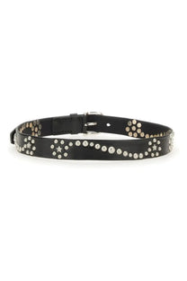Our Legacy men’s star fall belt black is a black leather belt with silver star and circular stud patterns