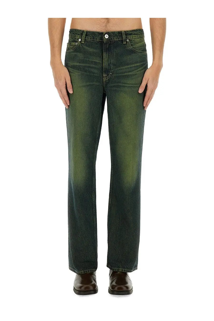 Our Legacy men’s straight leg jeans in dark green denim with faded distressed wash and classic five-pocket design