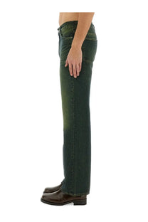 Our Legacy men’s straight leg dark green denim jeans with faded distressed look and classic five-pocket design