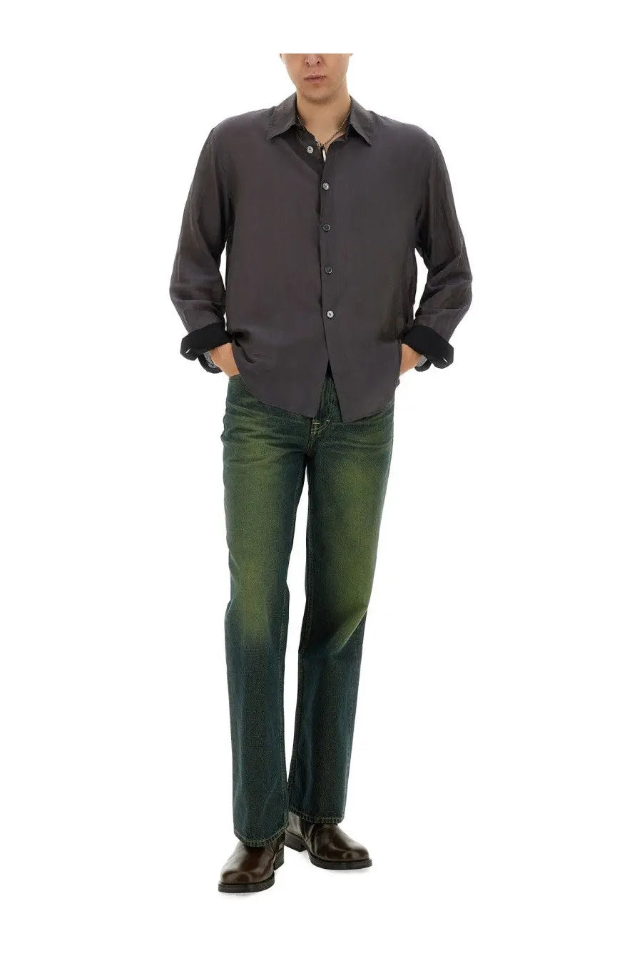 Dark gray button-up shirt with black cuffs and collar made of smooth shiny fabric paired with our legacy men’s straight leg green jeans