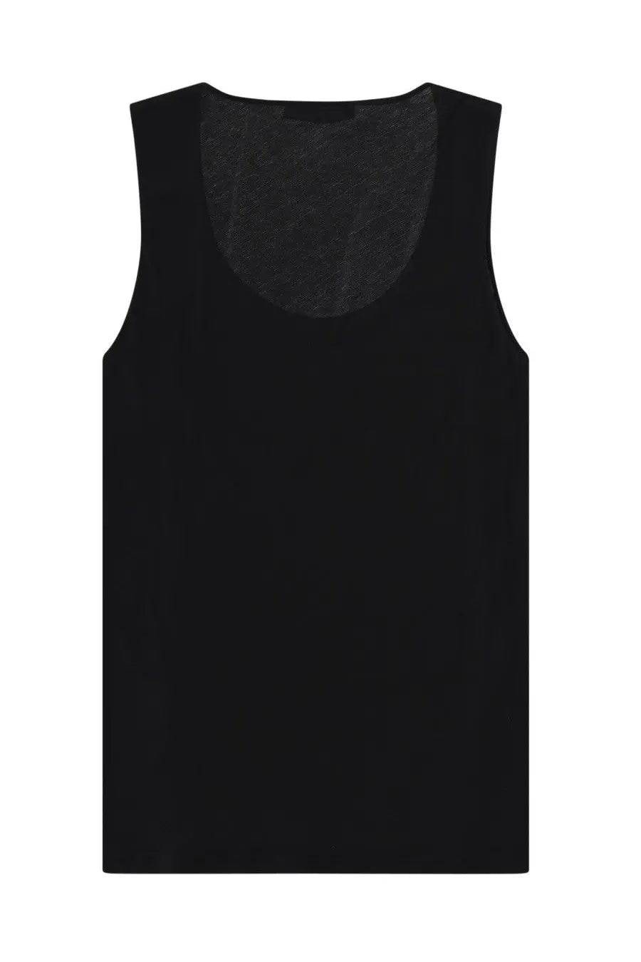Back view of our legacy men’s black sleeveless tank top with sheer textured panel for athletic wear