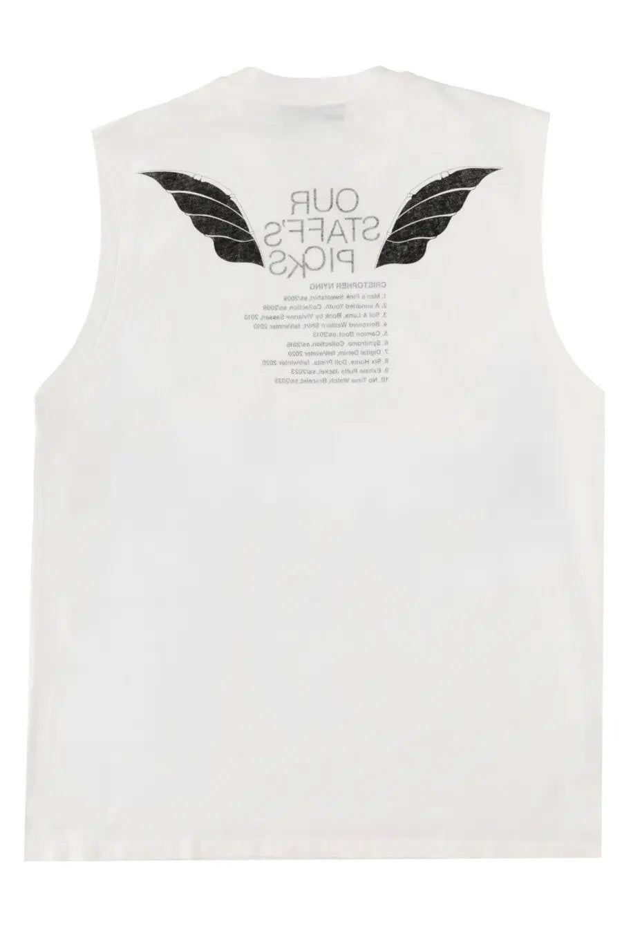 White sleeveless tank top with black wing graphic and text on the back by Our Legacy designed for men