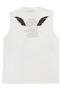 White sleeveless tank top with black wing graphic and text on the back by Our Legacy designed for men
