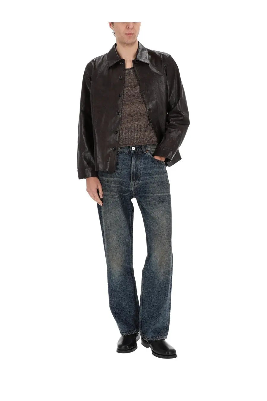 Black leather jacket with classic collar and button closure paired with our legacy men’s third cut blue jeans