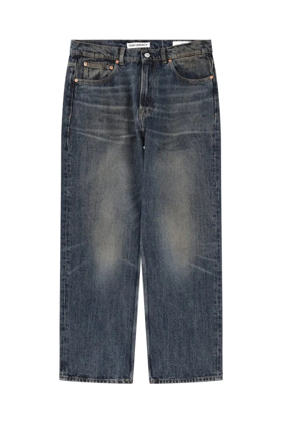 Our Legacy men’s third cut jeans in dark-wash denim with a relaxed straight-leg cut and faded distressing