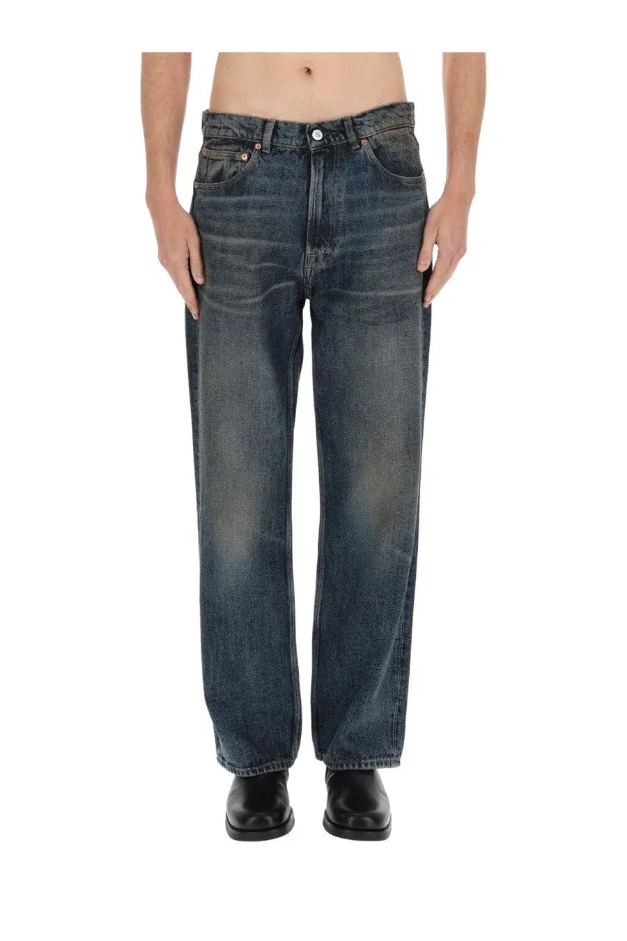 Our Legacy men’s third cut jeans blue dark-wash denim with relaxed straight-leg and classic five-pocket design