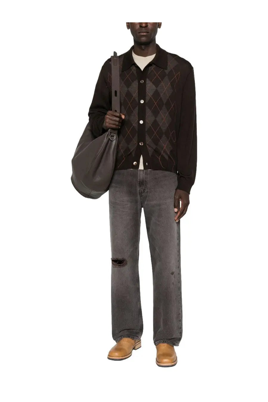 Dark brown argyle knit cardigan with button closure paired with our legacy men’s third cut jeans grey