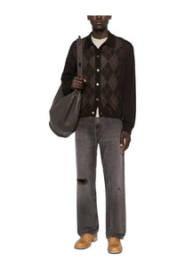 Dark brown argyle knit cardigan with button closure paired with our legacy men’s third cut jeans grey