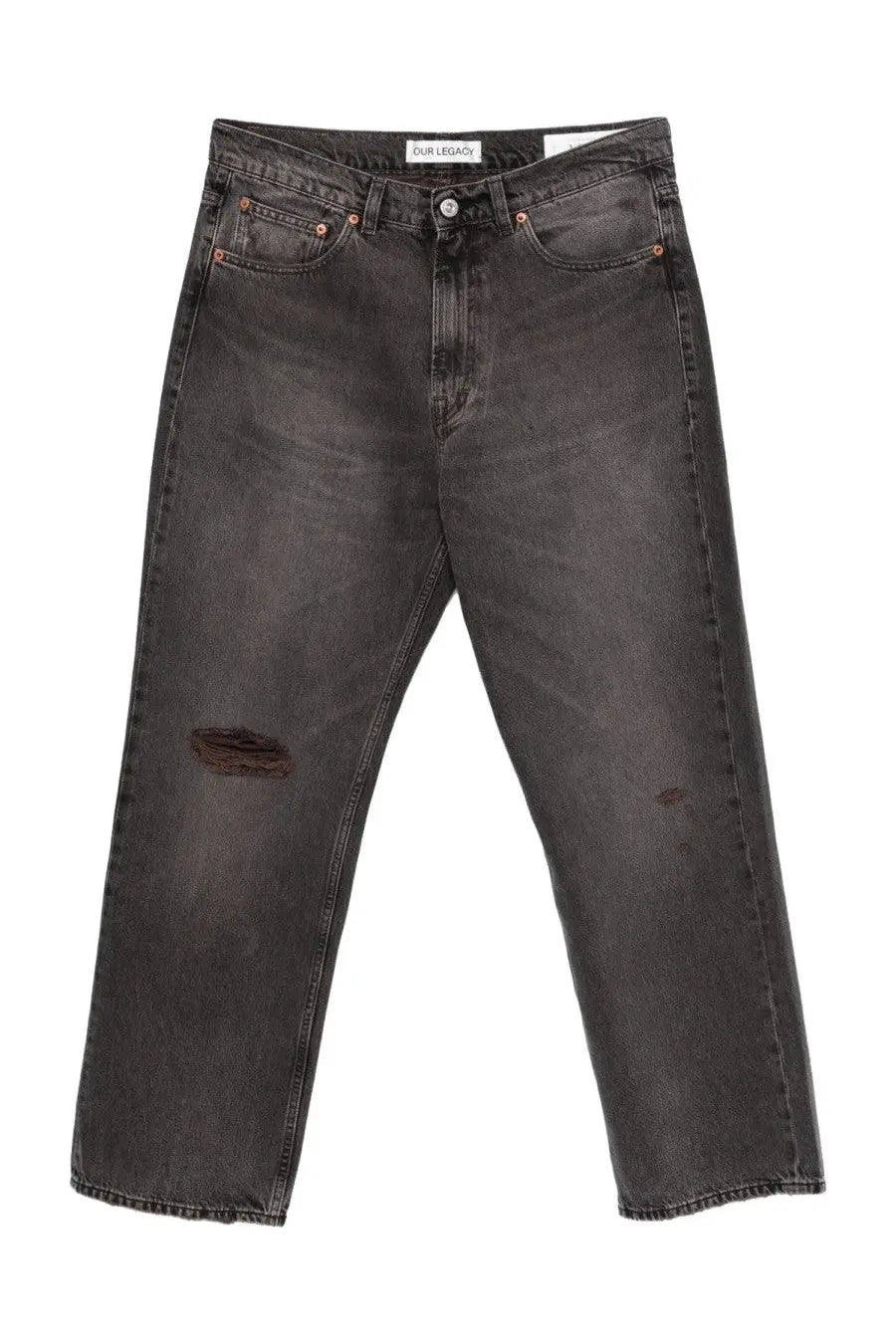 Our Legacy men’s third cut jeans grey dark gray distressed denim with a relaxed fit and subtle fading