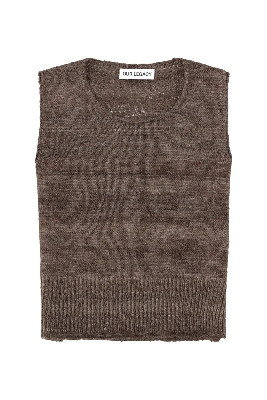 Our Legacy men’s top pleaser brown sleeveless knit sweater with ribbed hem and neckline in textured fabric