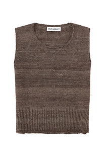 Our Legacy men’s top pleaser brown sleeveless knit sweater with ribbed hem and neckline in textured fabric