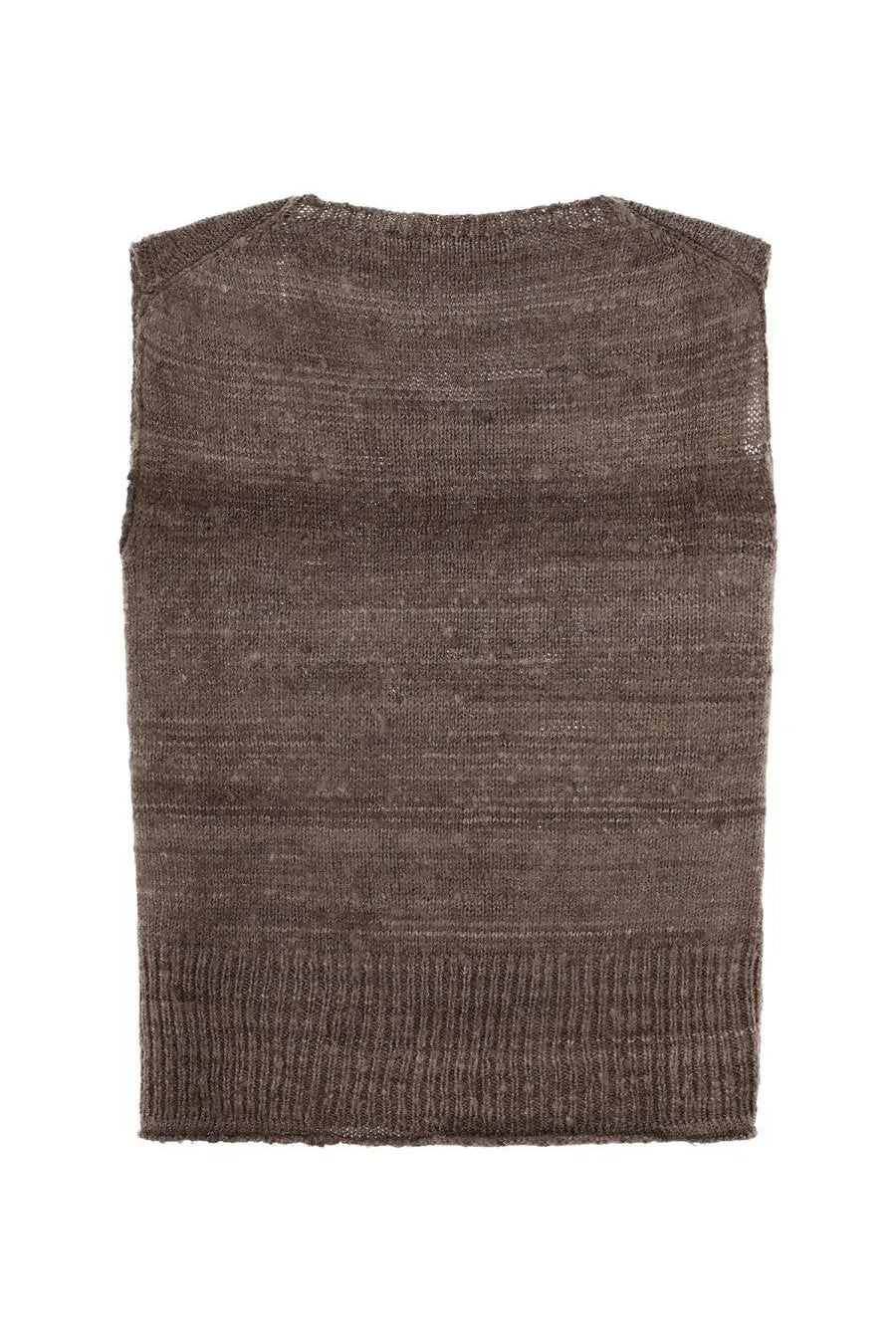Our Legacy men’s knitted sleeveless vest in muted brown with ribbed hem and neckline made from textured fabric