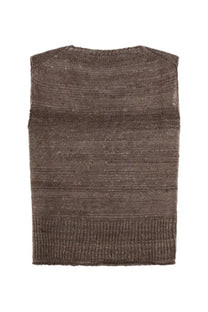 Our Legacy men’s knitted sleeveless vest in muted brown with ribbed hem and neckline made from textured fabric