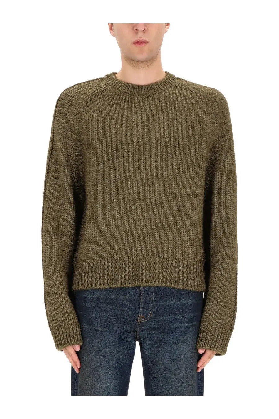 Our legacy men’s true roundneck sweater green in olive green chunky knit with ribbed collar and cuffs