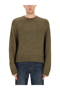Our legacy men’s true roundneck sweater green in olive green chunky knit with ribbed collar and cuffs