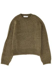Olive green ribbed-knit Our Legacy men’s True Roundneck sweater with relaxed fit and raglan sleeves